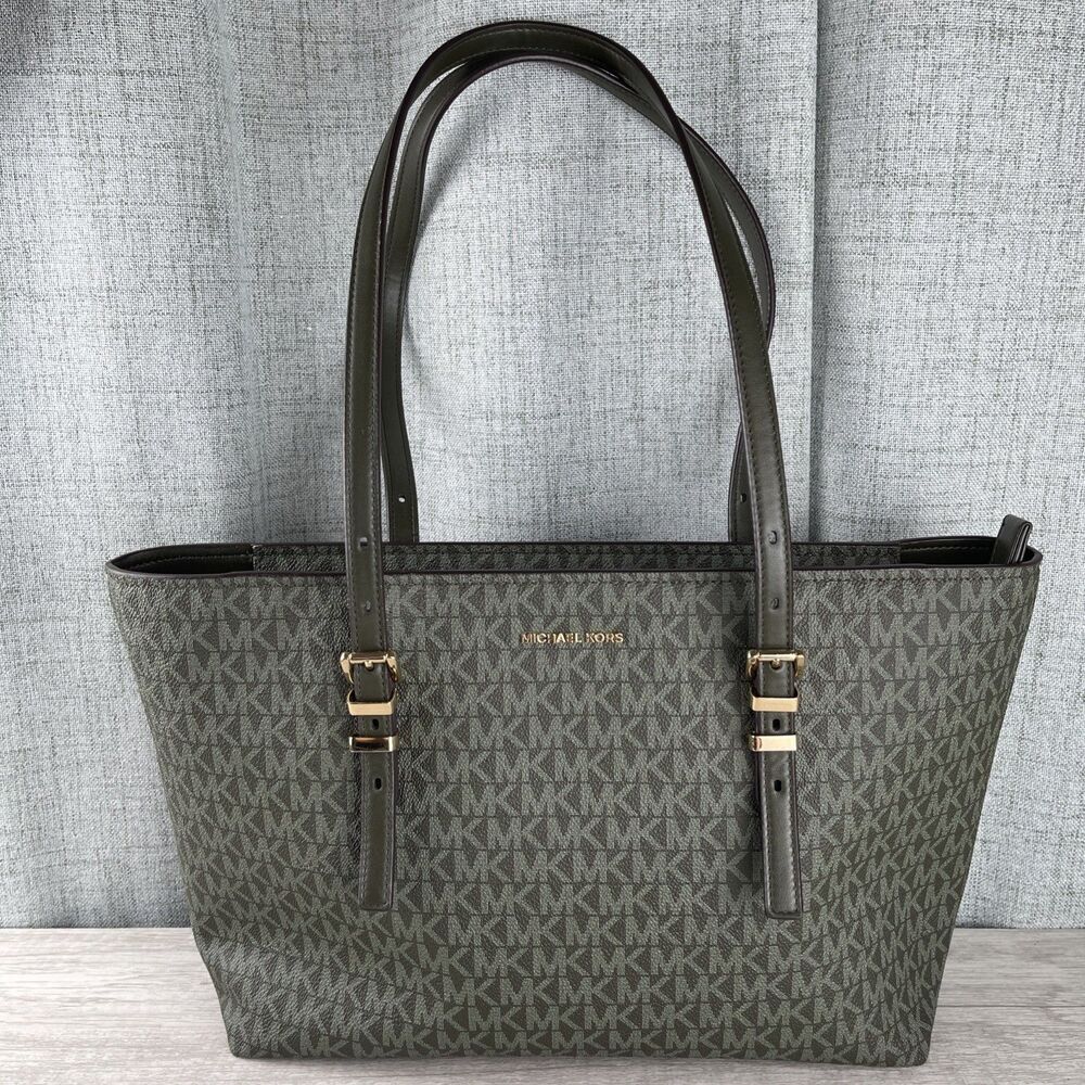 Michael Kors Quinn Signature MK Monogram Tote Purse Olive Green 15" Medium